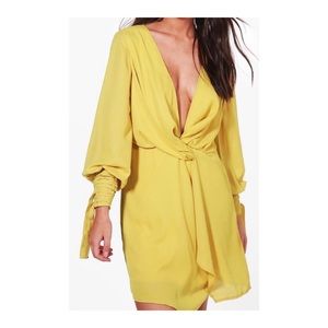 Yellow Midi Low Neck Party Dress
